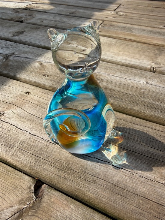 Other - Art Glass Cat Figurine Blue Amber Controlled Bubble Hand Blown Style